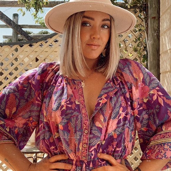 Purple Boho Floral Gypsy Print Dress Long Sleeve - Picture 14 of 16